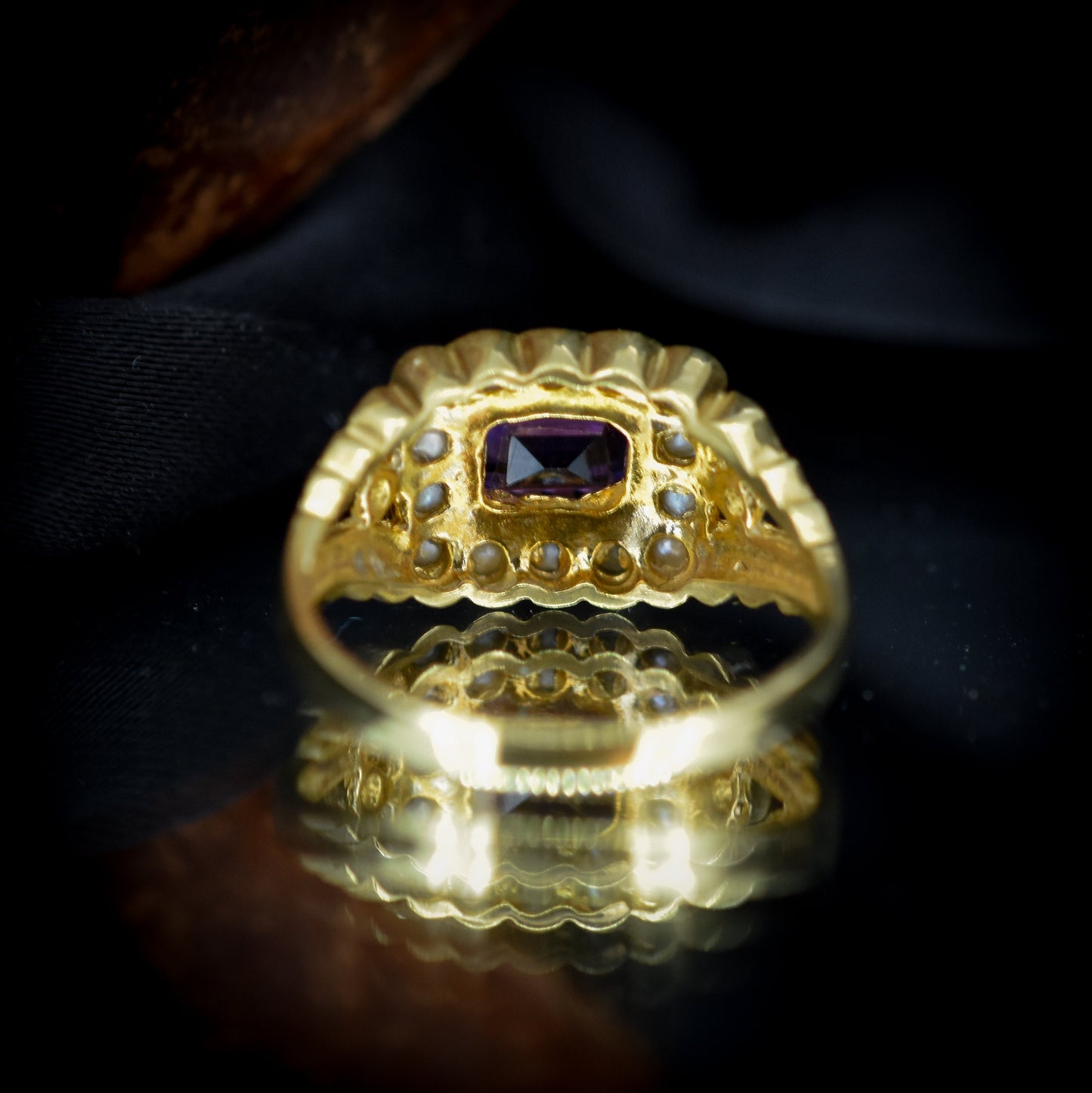 Amethyst and Pearl Cluster Halo 18ct Yellow Gold Gilded Ring | Antique Georgian Style