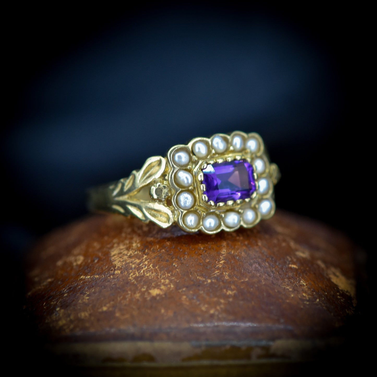 Amethyst and Pearl Cluster Halo 18ct Yellow Gold Gilded Ring | Antique Georgian Style