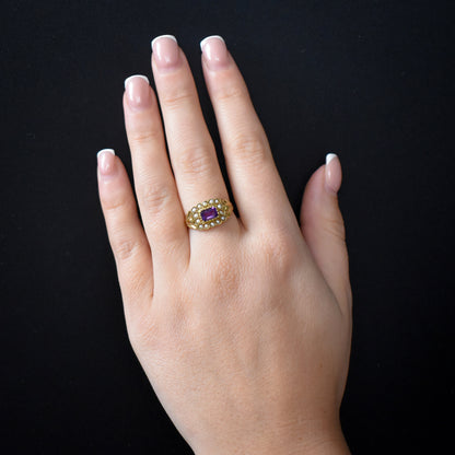 Amethyst and Pearl Cluster Halo 18ct Yellow Gold Gilded Ring | Antique Georgian Style