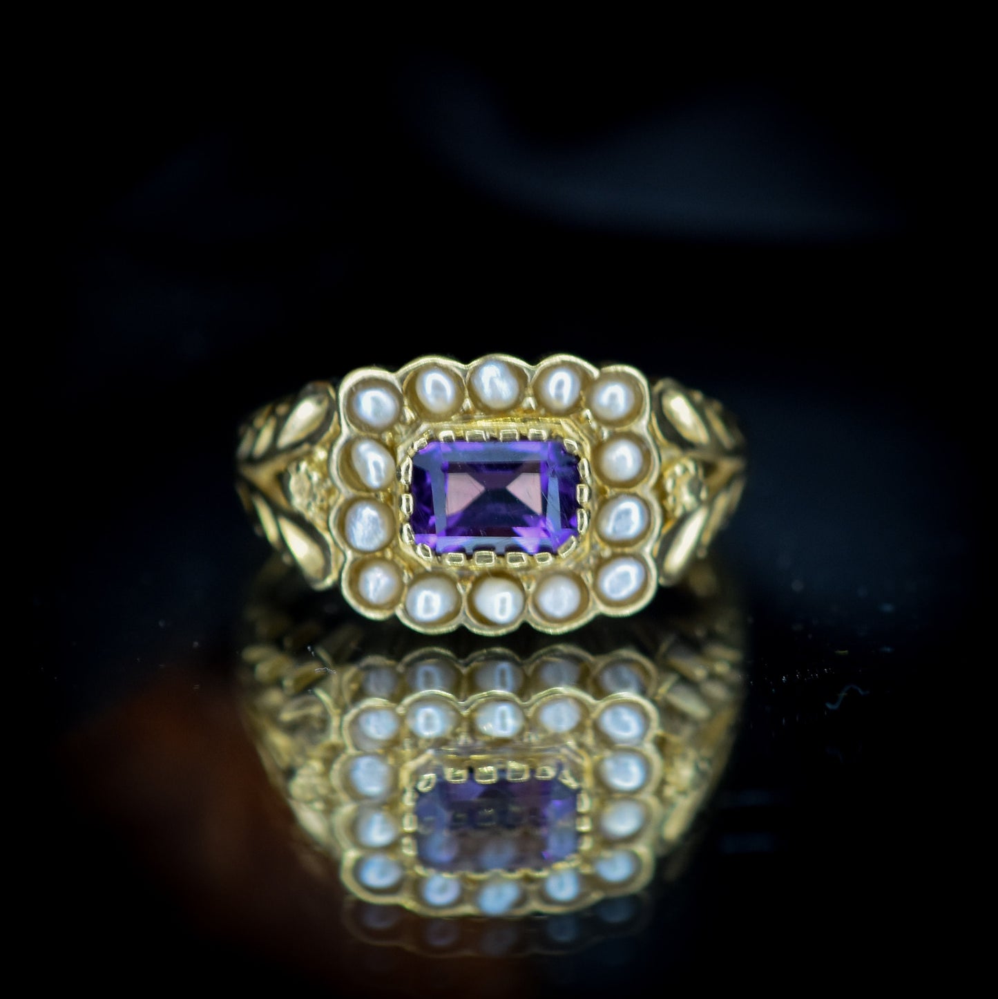 Amethyst and Pearl Cluster Halo 18ct Yellow Gold Gilded Ring | Antique Georgian Style