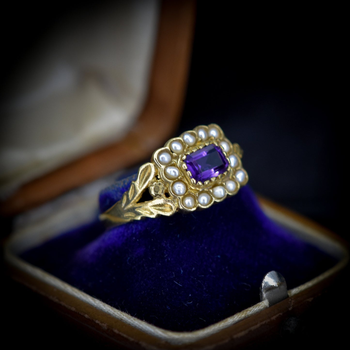 Amethyst and Pearl Cluster Halo 18ct Yellow Gold Gilded Ring | Antique Georgian Style