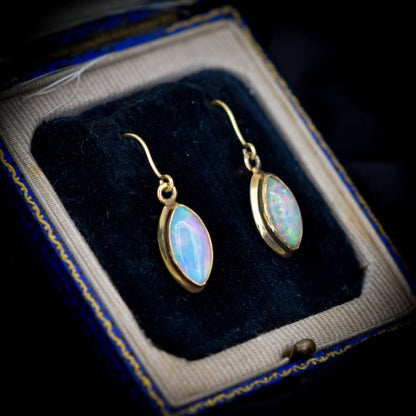 Australian Opal Lozenge Yellow Gold Dangle Drop Earrings