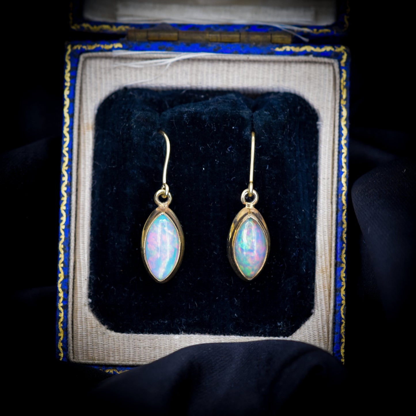 Australian Opal Lozenge Yellow Gold Dangle Drop Earrings