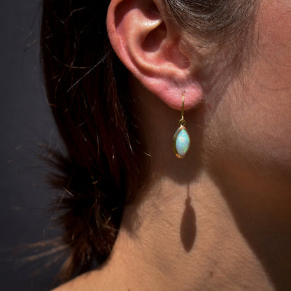 Australian Opal Lozenge Yellow Gold Dangle Drop Earrings