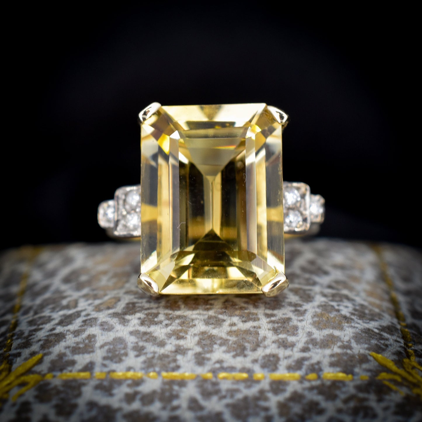 Emerald Cut Citrine and Diamond 9ct Yellow Gold Statement Cocktail Ring | Art Deco Style