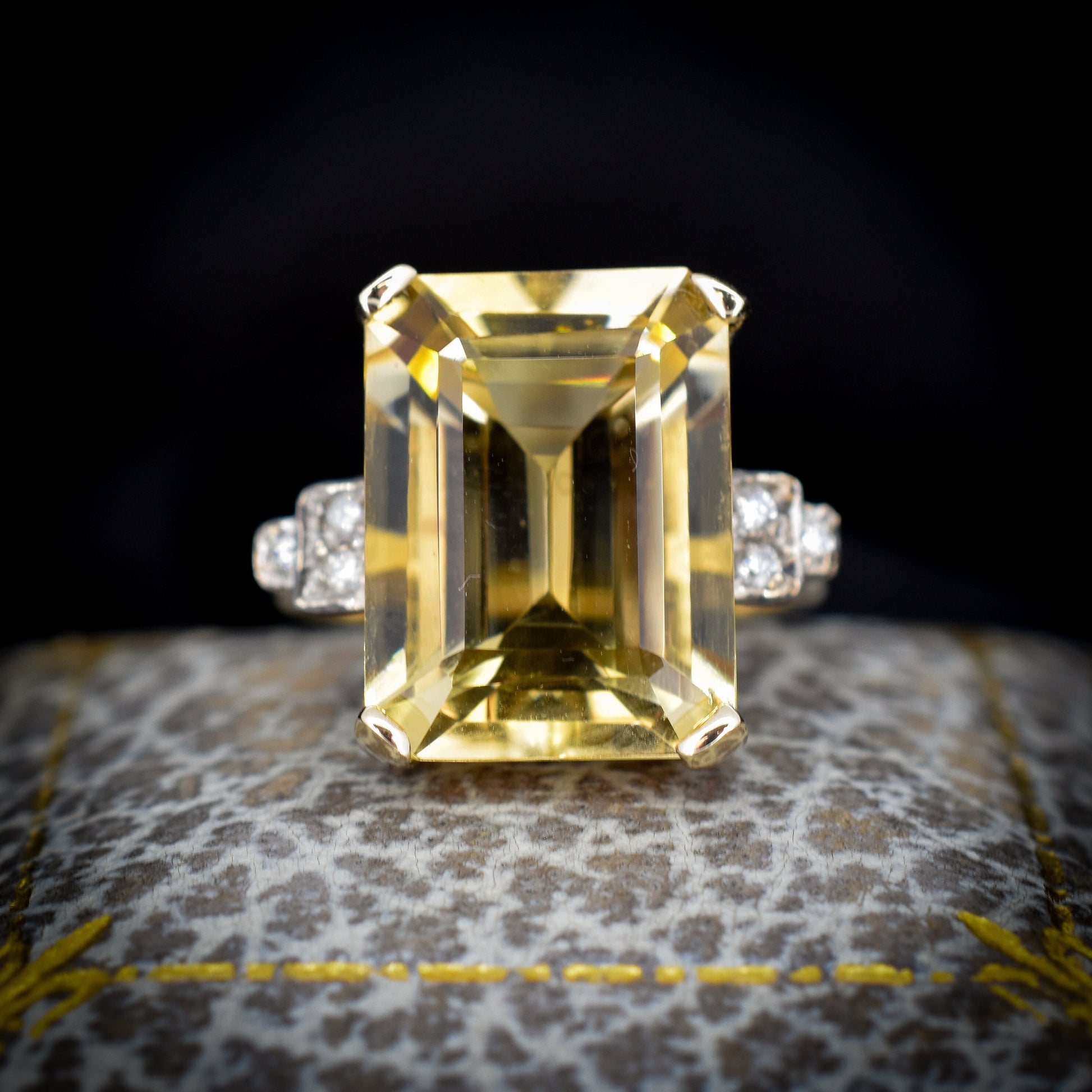 Emerald Cut Citrine and Diamond 9ct Yellow Gold Statement Cocktail Ring | Art Deco Style