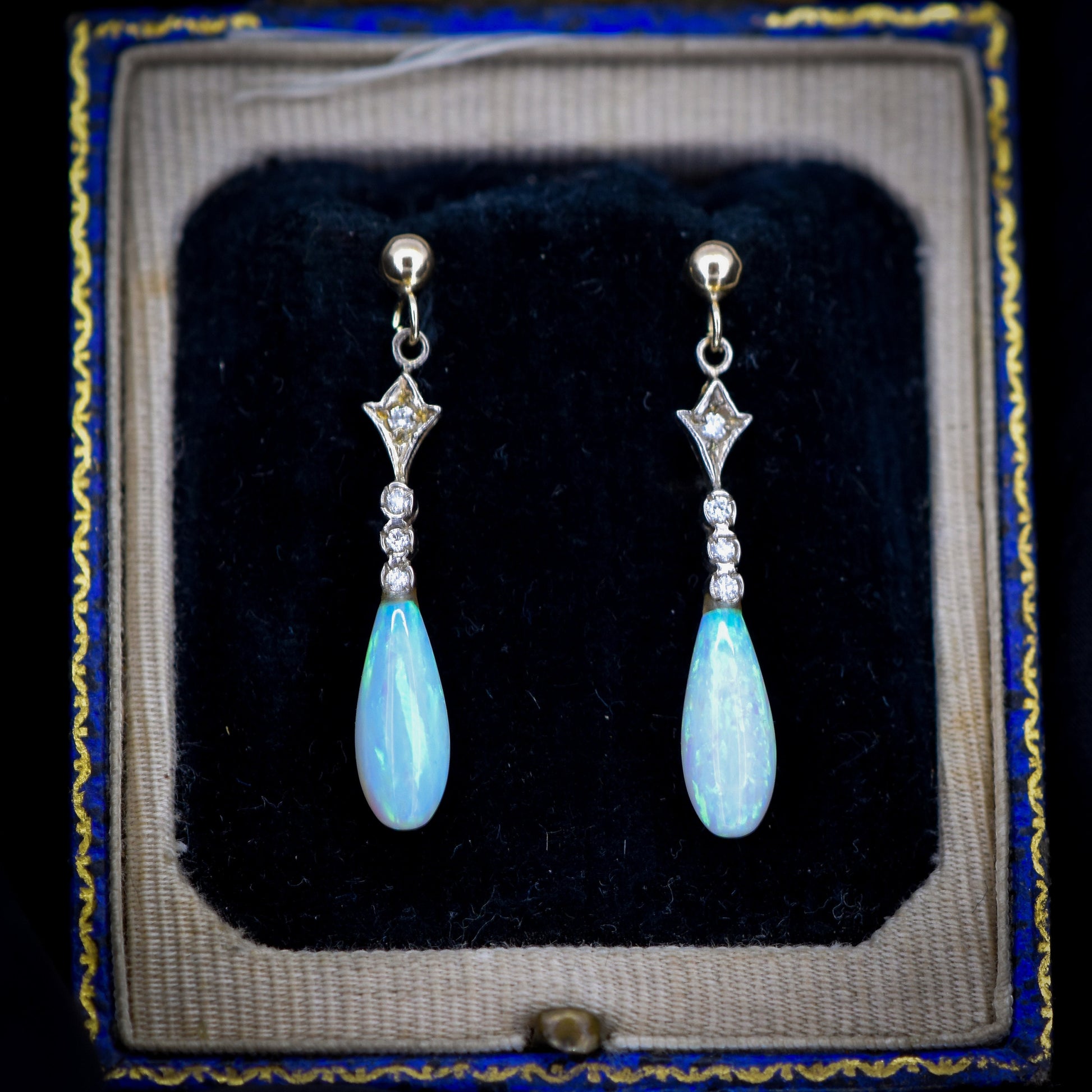 Opal Drop Gold Silver Dangle Earrings | Antique Art Deco Style