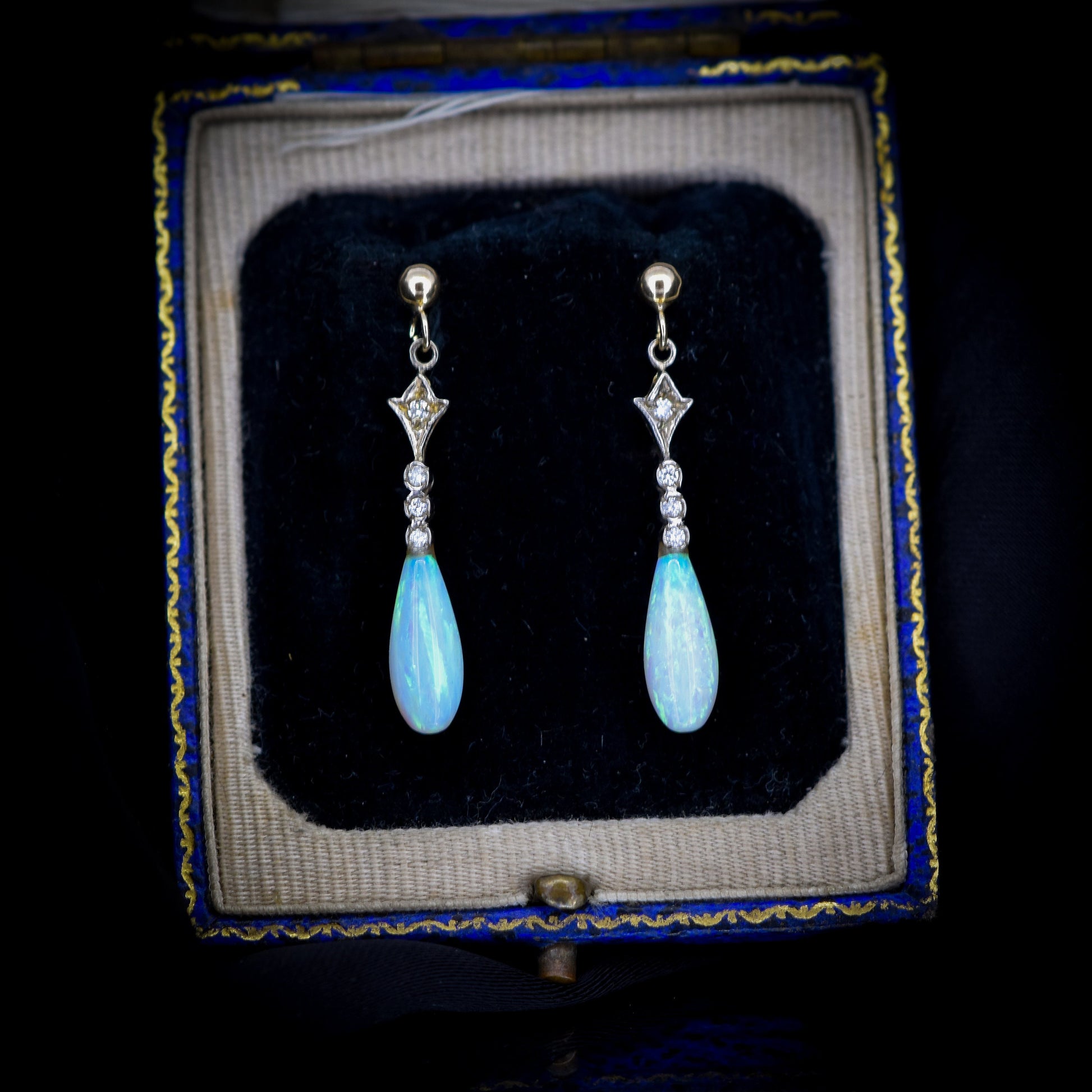 Opal Drop Gold Silver Dangle Earrings | Antique Art Deco Style