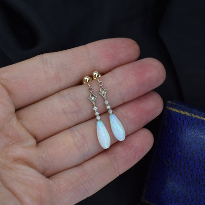 Opal Drop Gold Silver Dangle Earrings | Antique Art Deco Style