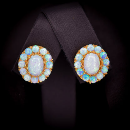 Opal 18ct Yellow Gold Gilded Silver Oval Cluster Stud Earrings | Opal Studs