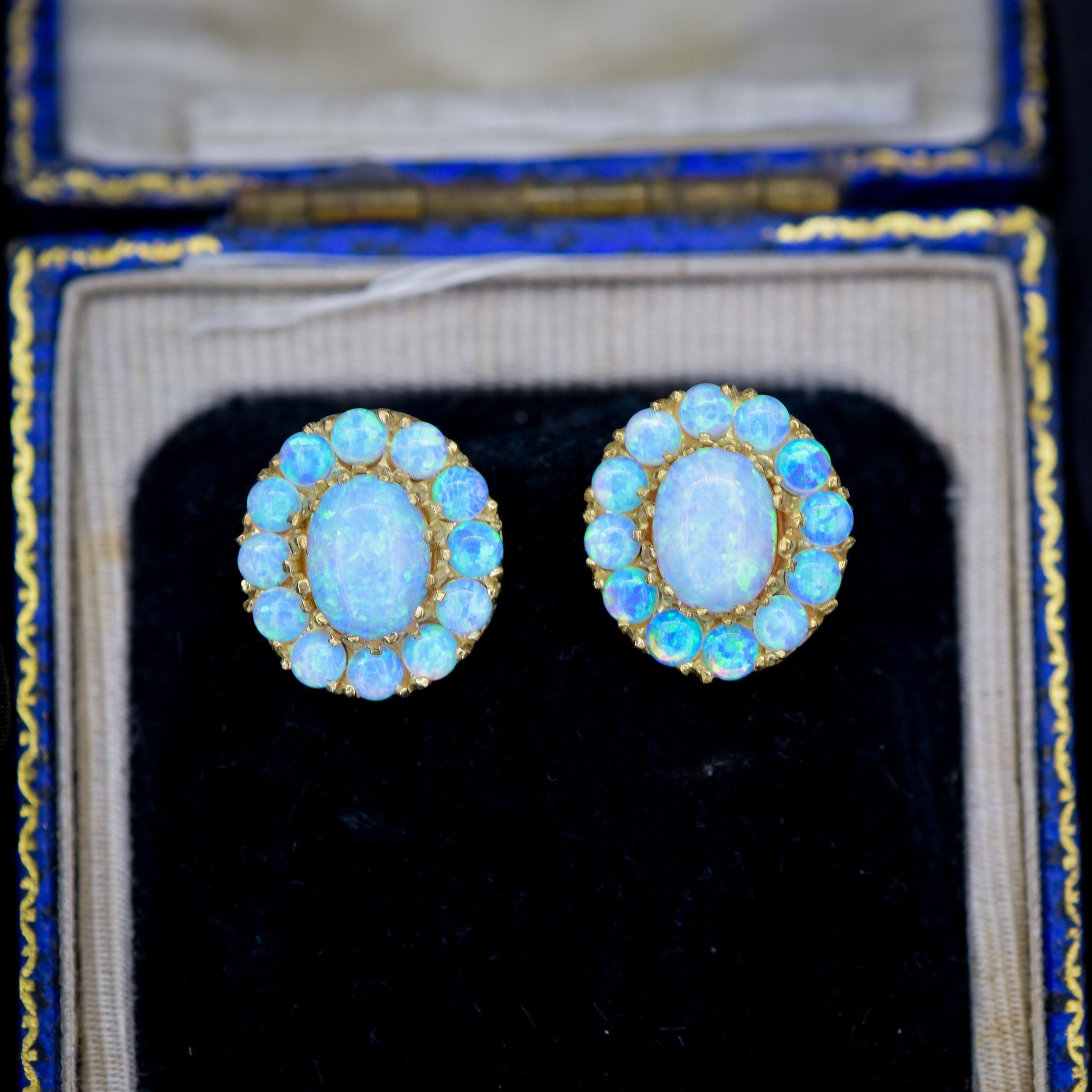 Opal 18ct Yellow Gold Gilded Silver Oval Cluster Stud Earrings | Opal Studs