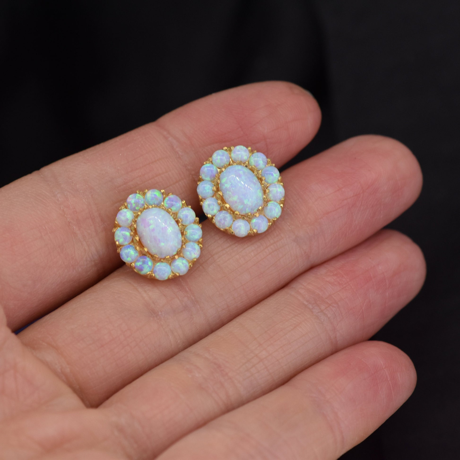 Opal 18ct Yellow Gold Gilded Silver Oval Cluster Stud Earrings | Opal Studs