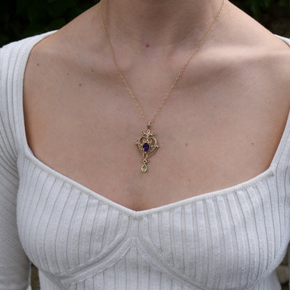 Amethyst Peridot and Pearl Lavalier 9ct Gold Pendant Necklace | Antique Suffragette Style