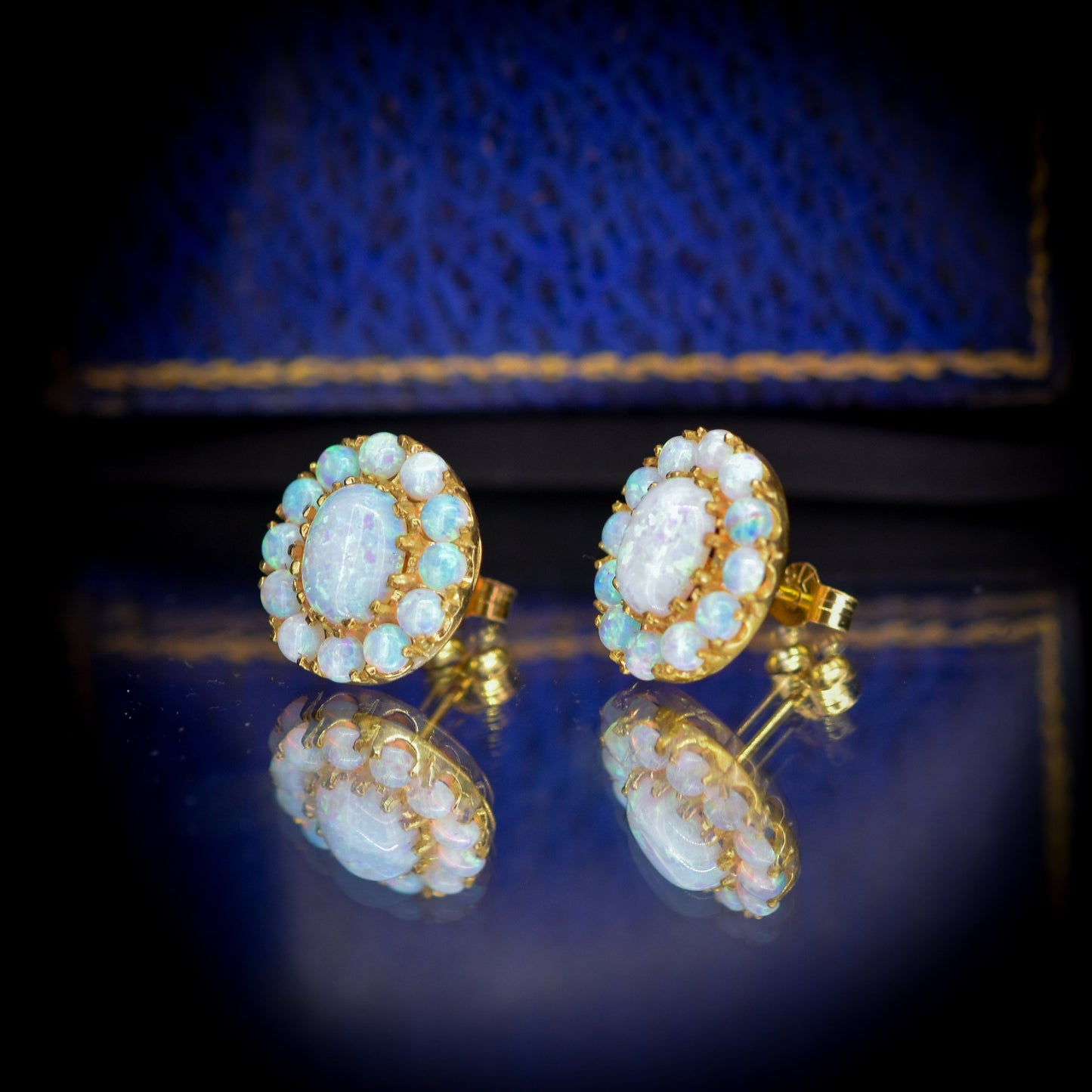 Opal 18ct Yellow Gold Gilded Silver Oval Cluster Stud Earrings | Opal Studs