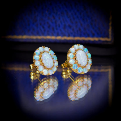 Opal 18ct Yellow Gold Gilded Silver Oval Cluster Stud Earrings | Opal Studs