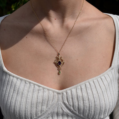 Amethyst Peridot and Pearl Lavalier 9ct Gold Pendant Necklace | Antique Suffragette Style