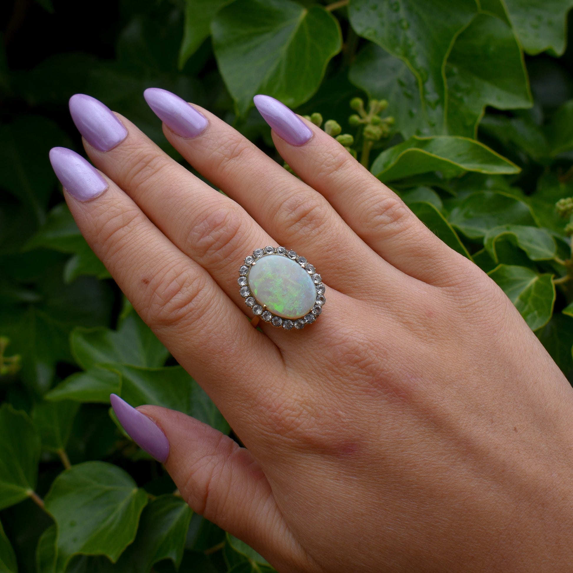 Antique Natural Opal and White Sapphire Oval Cluster Halo Gold Ring