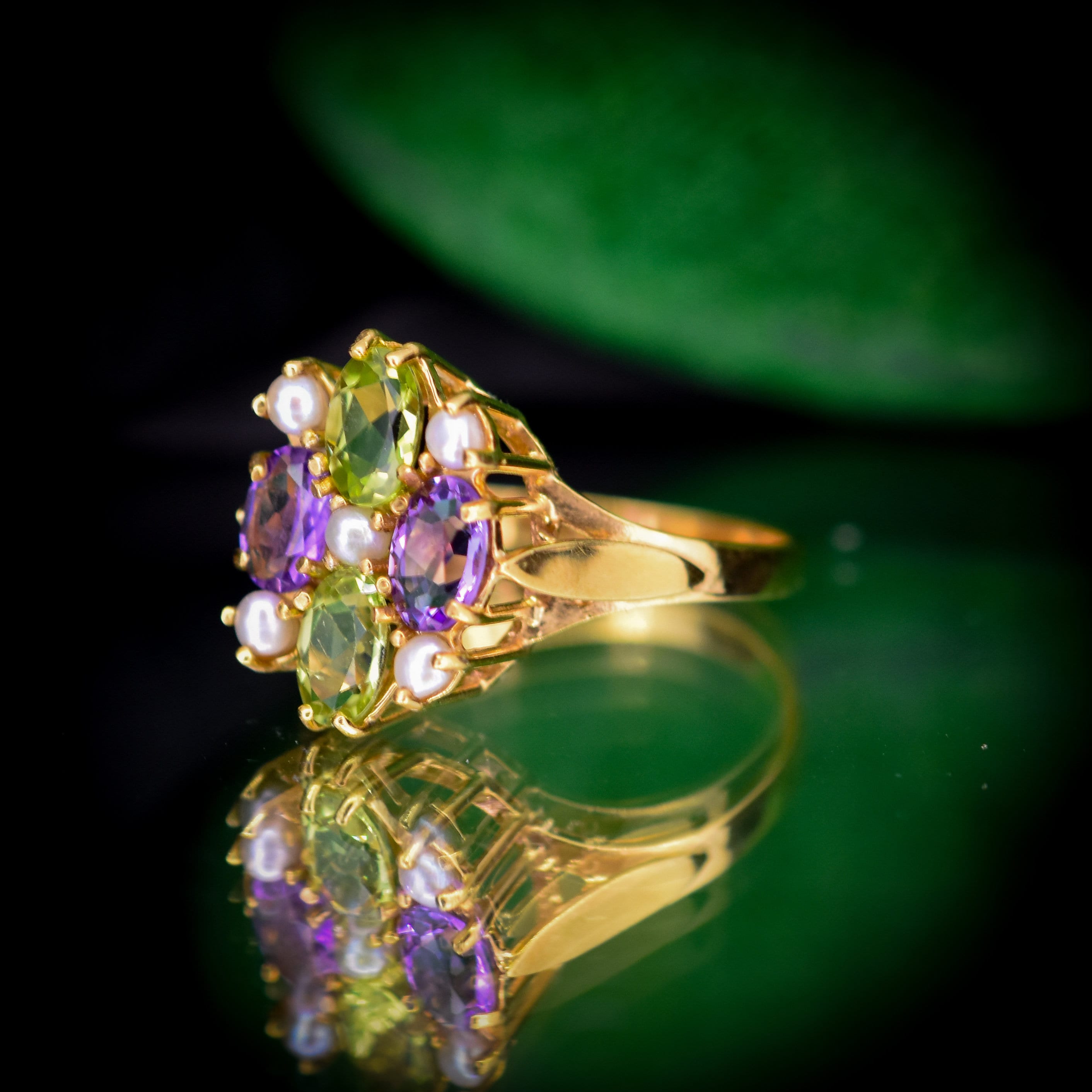 Suffragette Style Amethyst Peridot and Pearl Gold on Silver Cluster Ri Lancastrian Jewellers