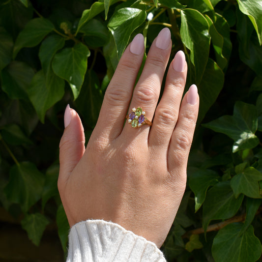 Suffragette Style Amethyst Peridot and Pearl Gold on Silver Cluster Ring – Antique Inspired