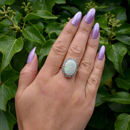 Antique Natural Opal and White Sapphire Oval Cluster Halo Gold Ring