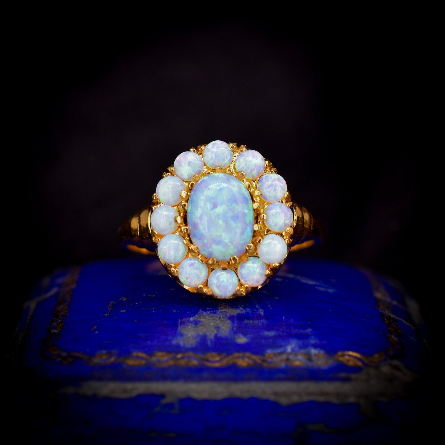 Opal Oval Cluster 18ct Gold Gilded Silver Ring | Antique Style