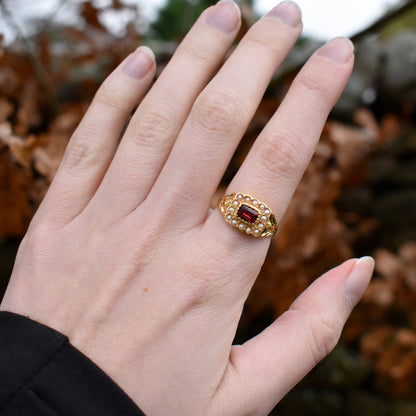 Garnet and Pearl Cluster Halo 18ct Yellow Gold Gilded Ring | Antique Georgian Style