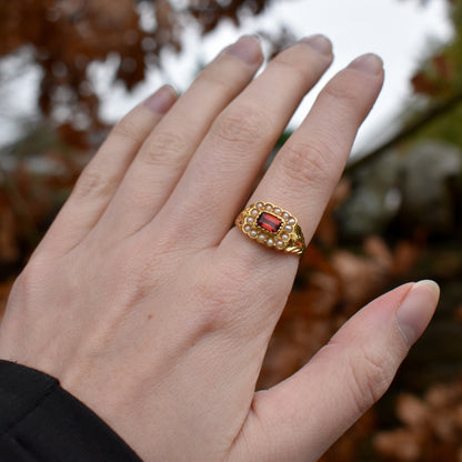 Garnet and Pearl Cluster Halo 18ct Yellow Gold Gilded Ring | Antique Georgian Style