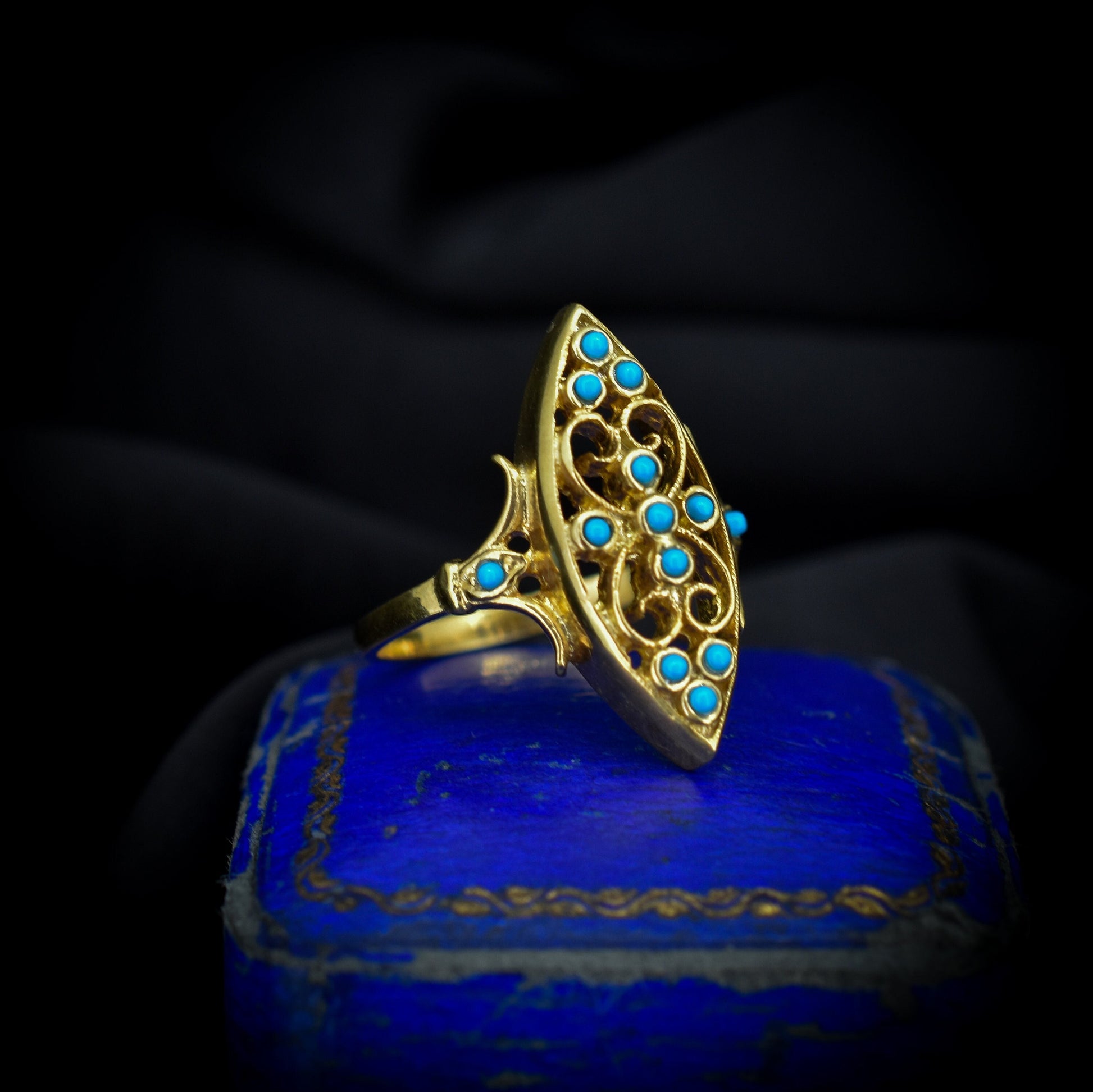 Turquoise Navette 18ct Gold Gilded Fancy Ring | Antique Style