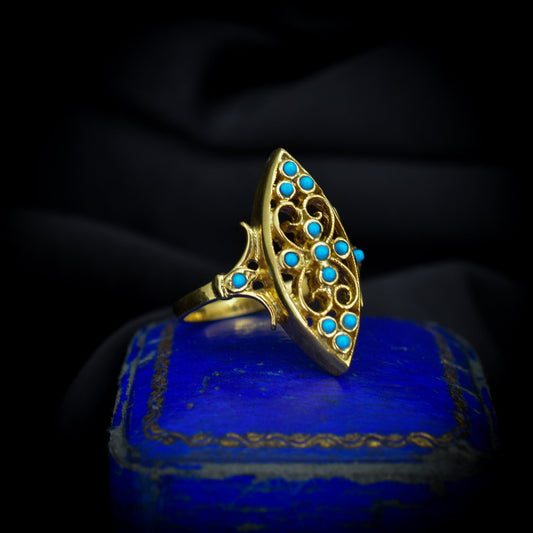 Turquoise Navette 18ct Gold Gilded Fancy Ring | Antique Style