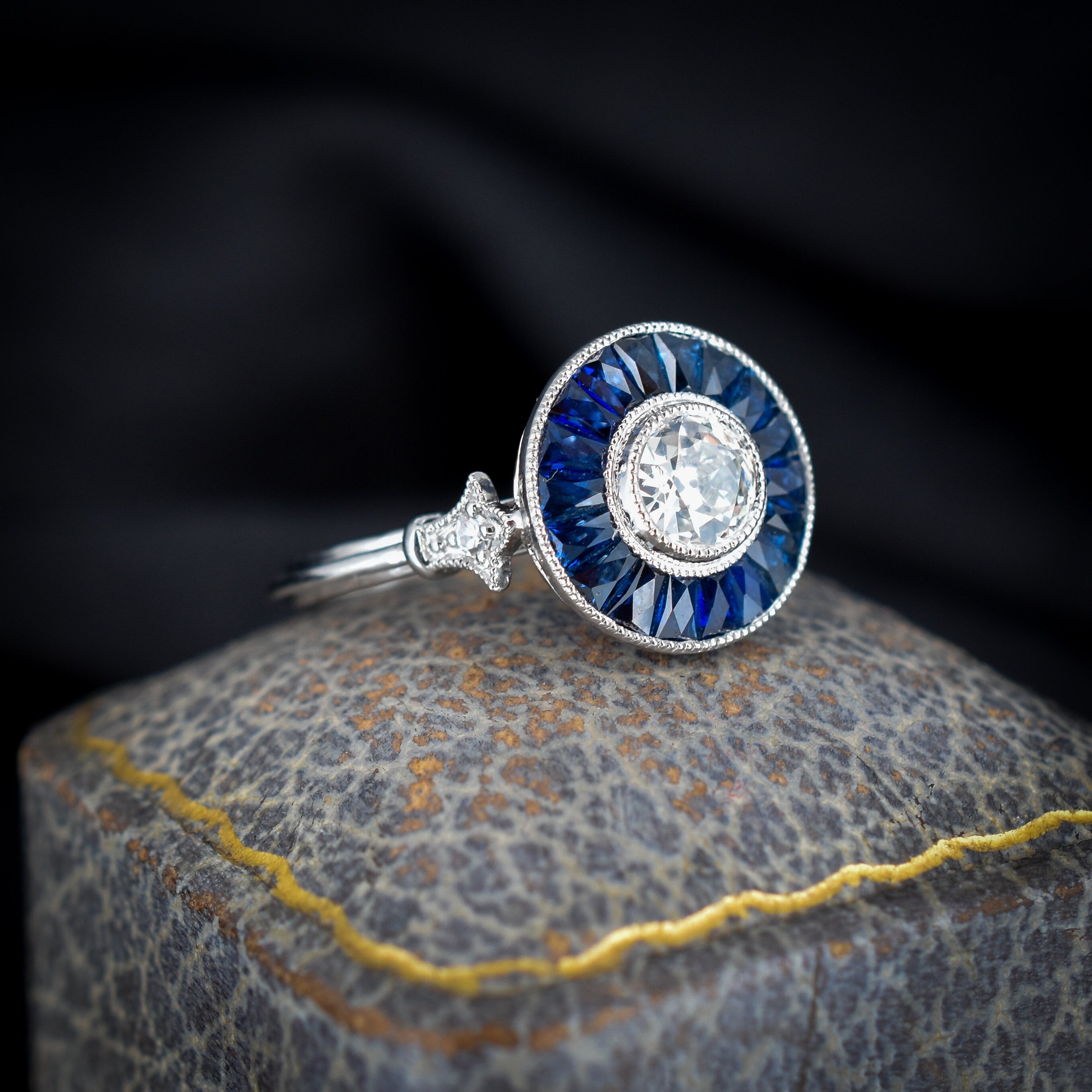 3.59 Ct Round Cut and Blue Sapphire Diamond Simulants Art Deco Engagement Cocktail Ring In 925 Sterling Silver - store Vintage Style Ring