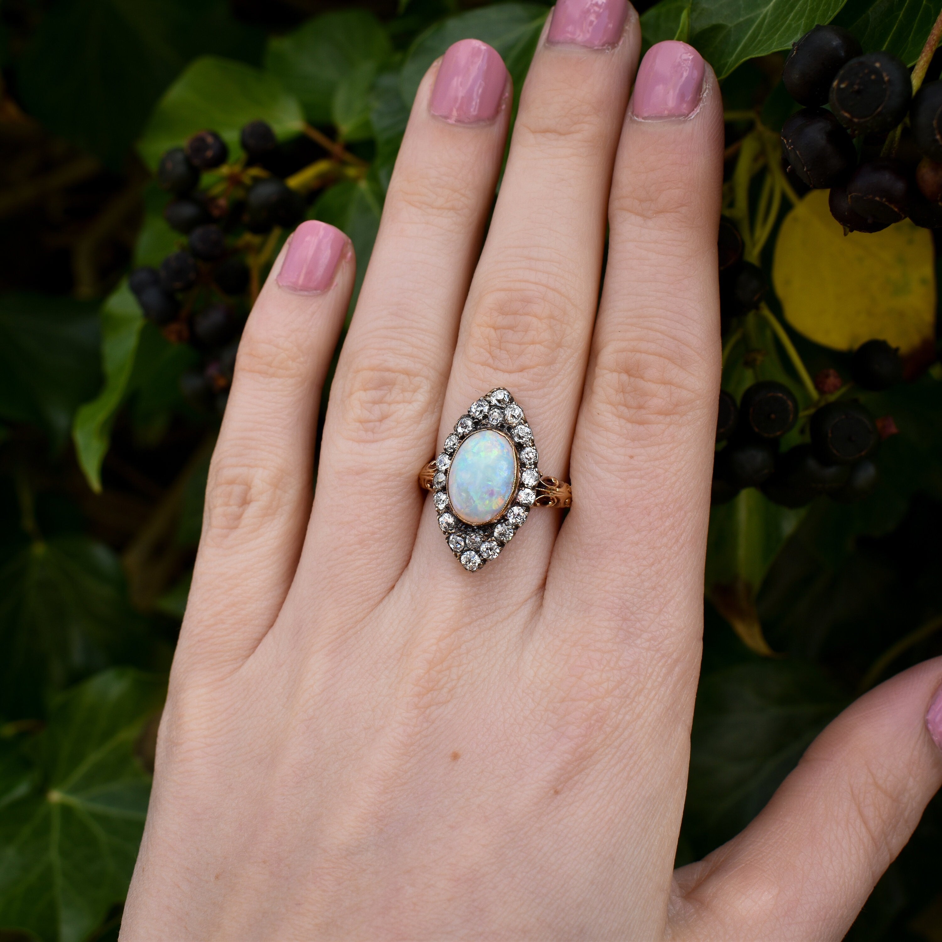 Antique Victorian Opal and Diamond Navette Cluster 18ct Gold Ring