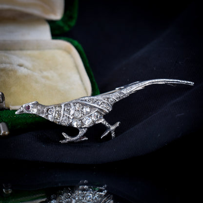 Boxed Antique Pheasant Bird Paste Sterling Silver Brooch Pin | Victorian