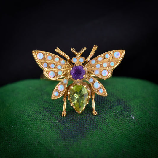 Butterfly Amethyst Peridot and Opal 18ct Yellow Gold on Silver Ring | Suffragette Style