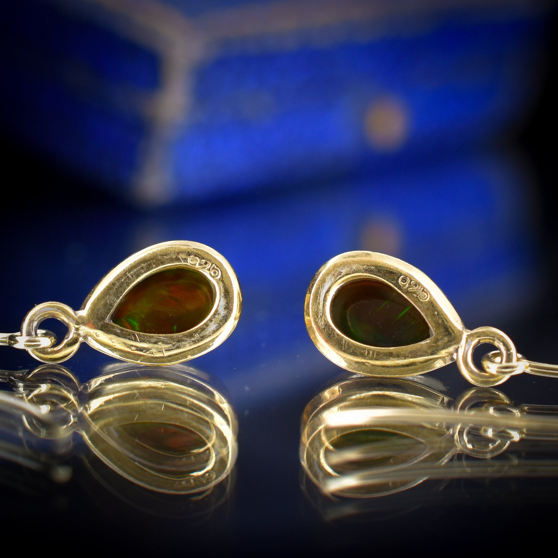 Black Opal Bezel Pear Drop Yellow Gold Drop Earrings