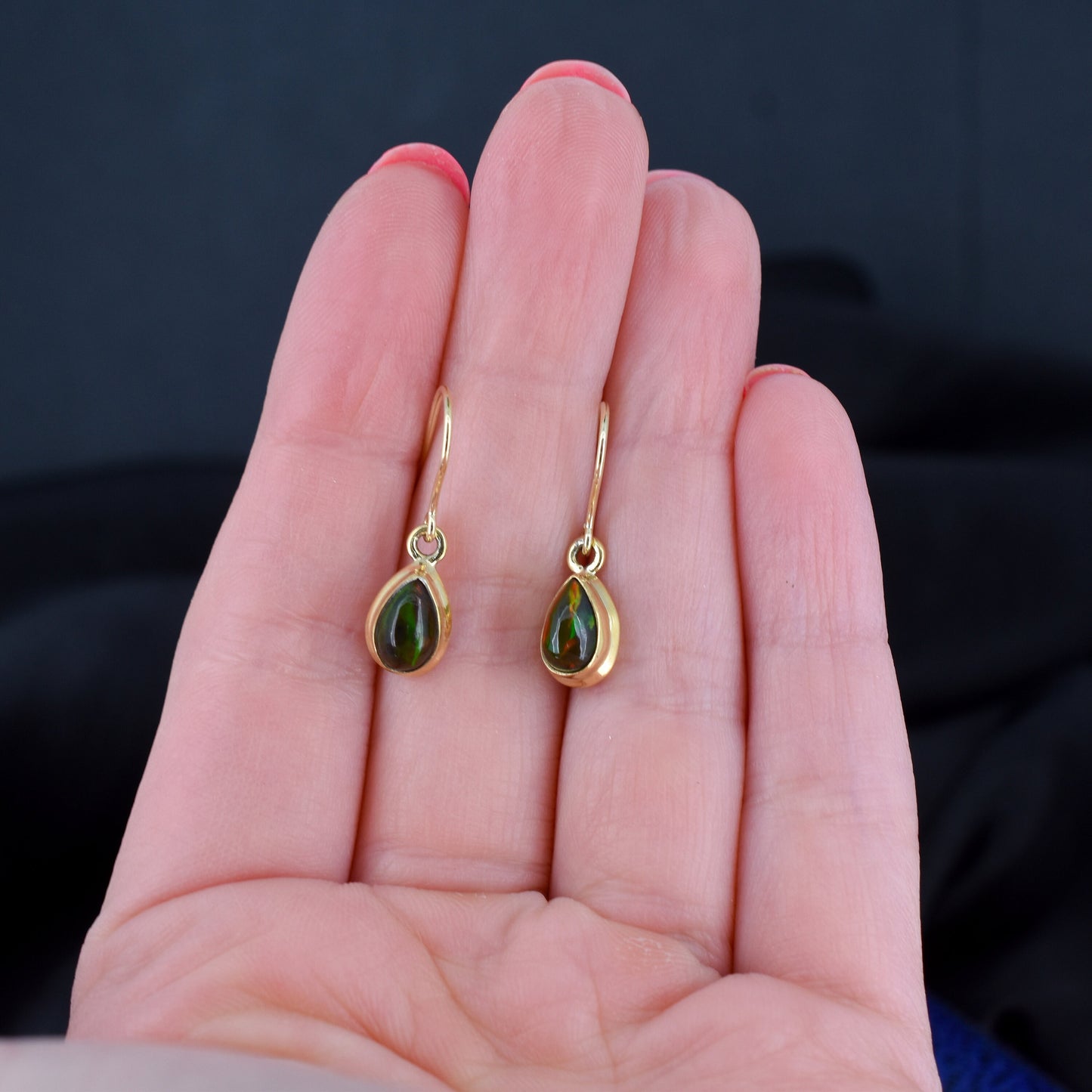 Black Opal Bezel Pear Drop Yellow Gold Drop Earrings