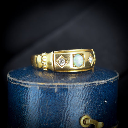 Antique Old Cut Diamond and Opal Three Stone 18ct Gold Ring Band | Dated 1895