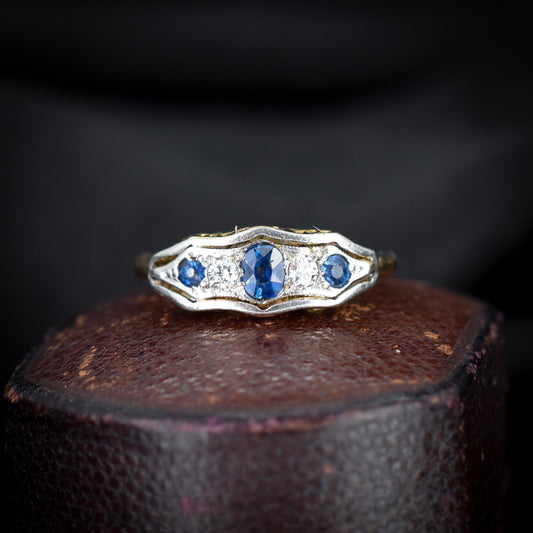 Antique Sapphire and Diamond Five Stone 18ct Gold and Platinum Ring