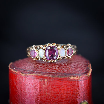 Antique Victorian Almandine Garnet and Opal 15ct Yellow Gold Scroll Ring | Hallmarked Birmingham 1865