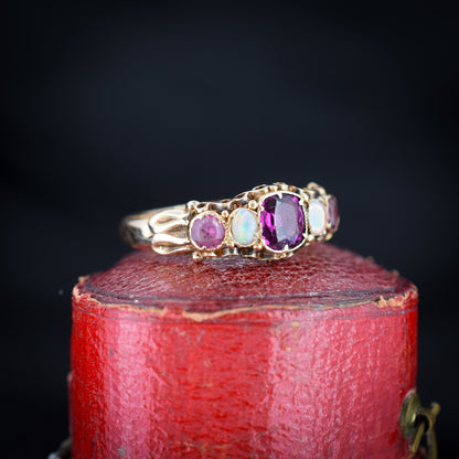 Antique Victorian Almandine Garnet and Opal 15ct Yellow Gold Scroll Ring | Hallmarked Birmingham 1865