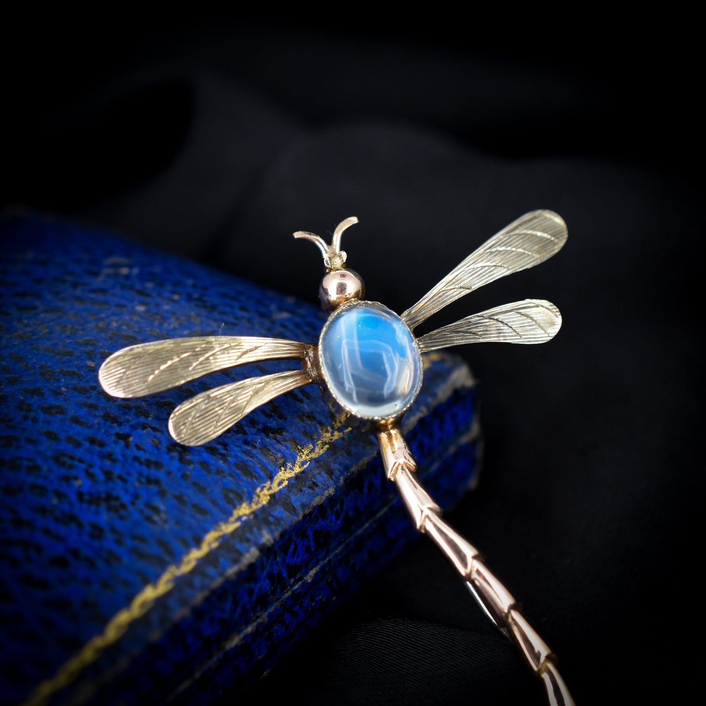 Antique Moonstone Gold Dragonfly Bug Insect Brooch Pin | Victorian