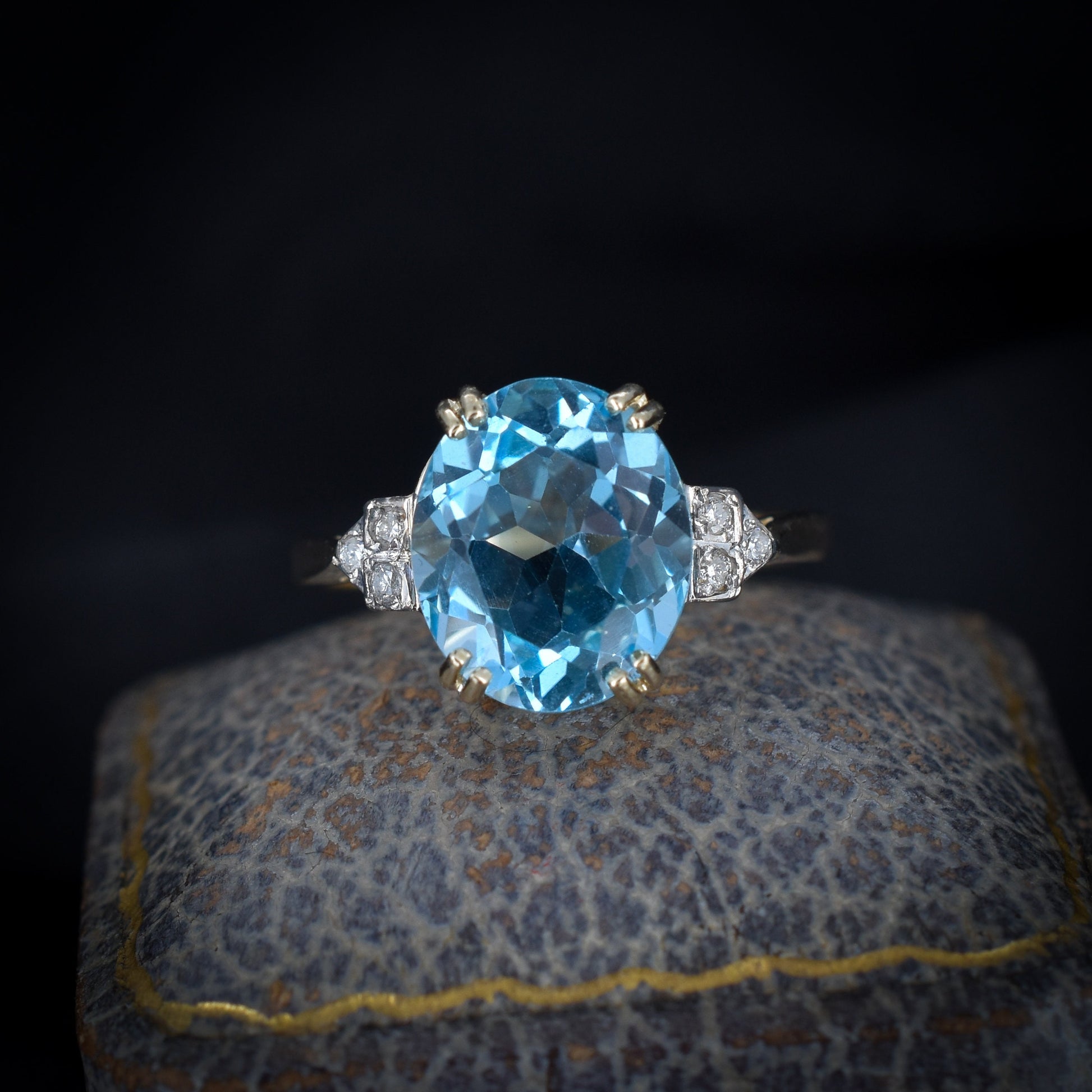 Blue Topaz and Diamond Oval Solitaire 9ct Yellow Gold Ring