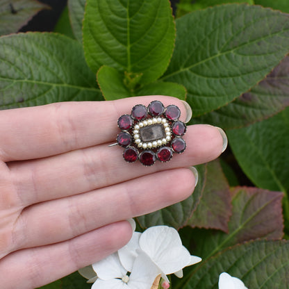 Antique Georgian Flat Cut Garnet Seed Pearl Gold Lace Pin Brooch