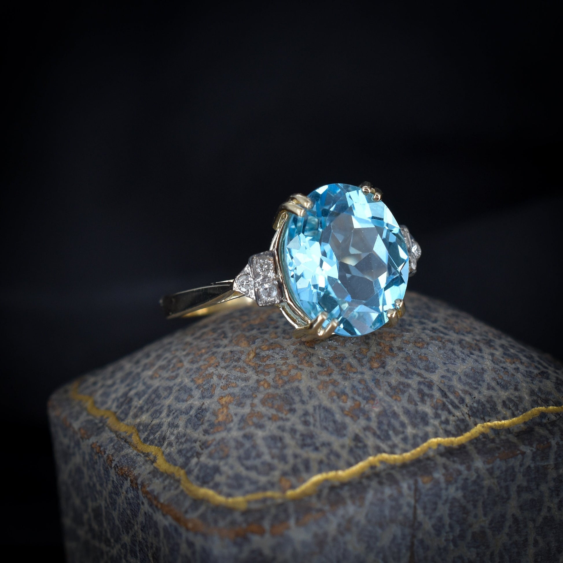 Blue Topaz and Diamond Oval Solitaire 9ct Yellow Gold Ring