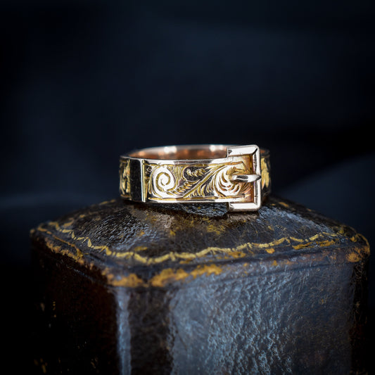 Antique Victorian Engraved Buckle Belt 9ct Gold Ring Band | Dated 1879