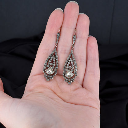 Antique Boxed Old Cut Paste Gold and Silver Drop Earrings