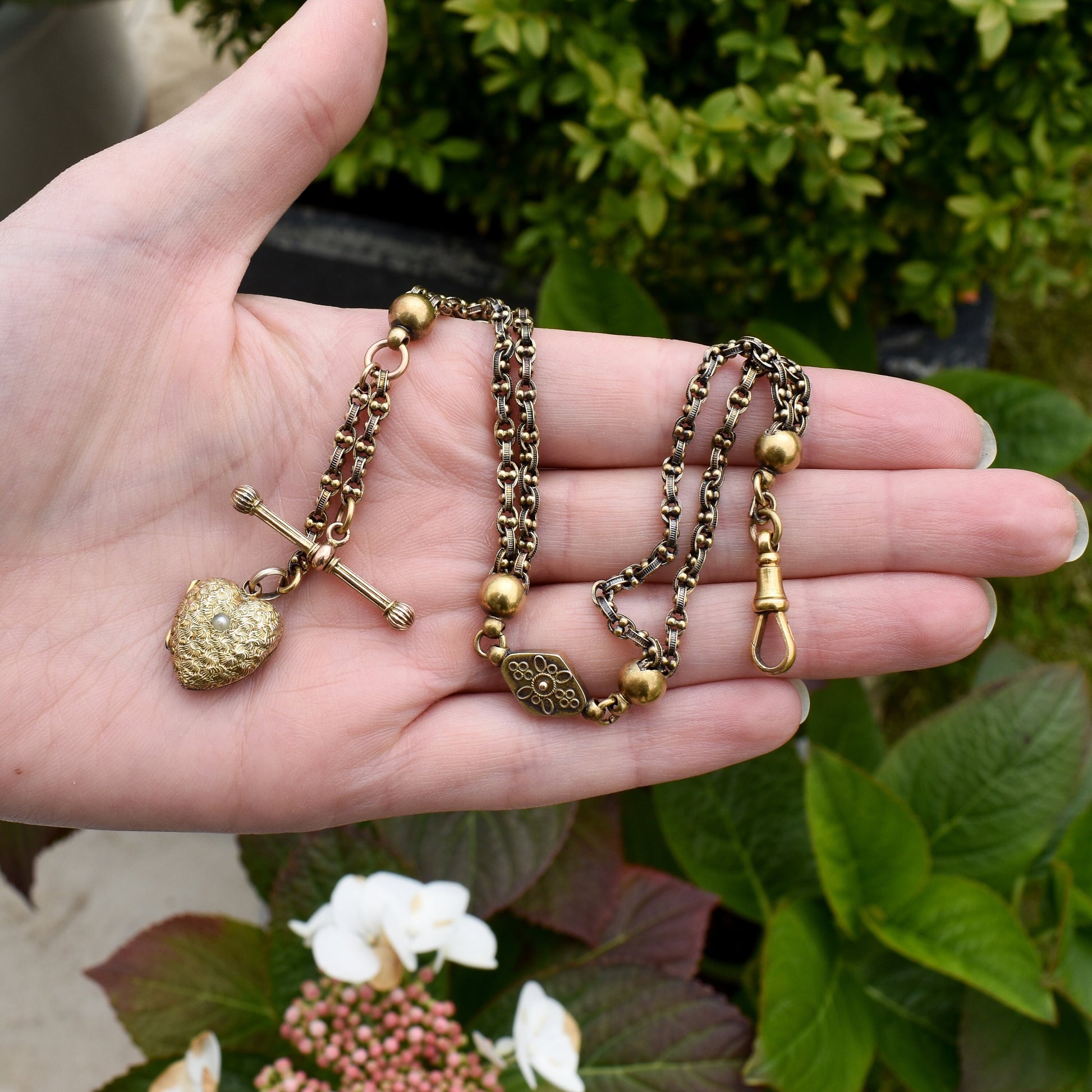 Antique 15ct Gold Albertina Chain Bracelet with T-Bar, Dog Clip and Pearl Locket