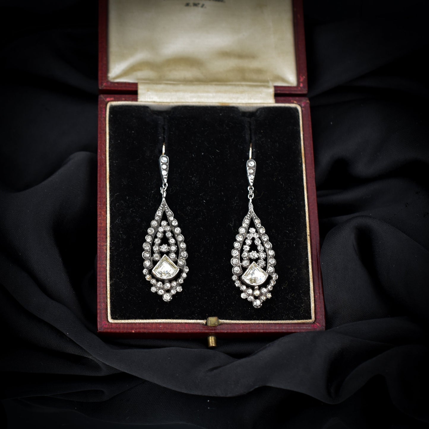 Antique Boxed Old Cut Paste Gold and Silver Drop Earrings