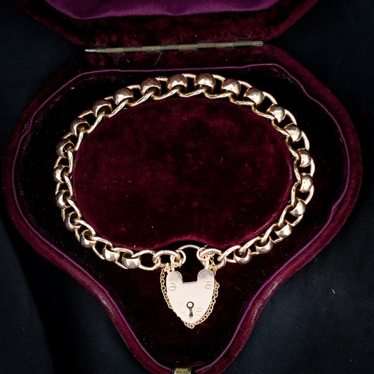 Antique Victorian Rollerball Heart Padlock Fancy 9ct Gold Bracelet