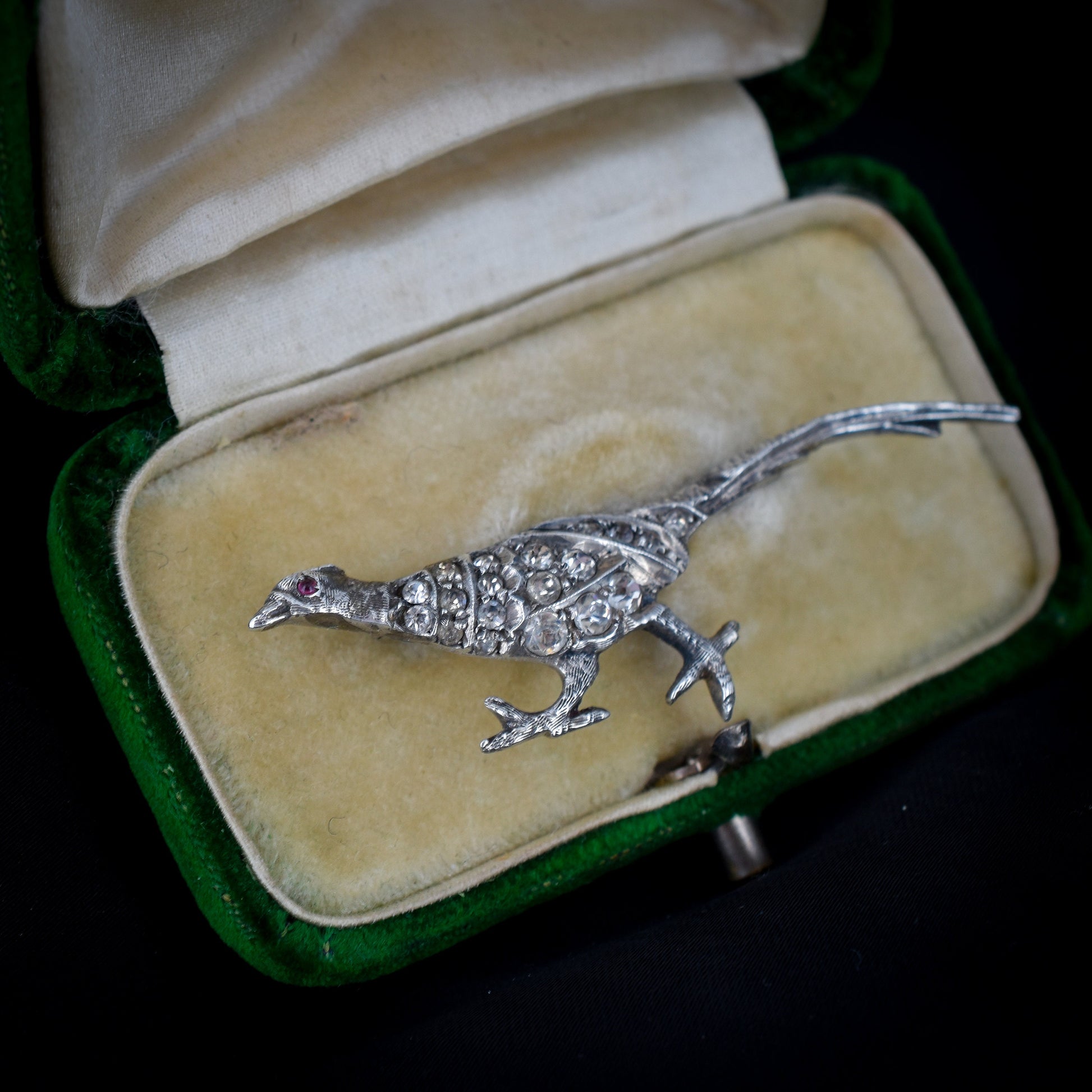 Boxed Antique Pheasant Bird Paste Sterling Silver Brooch Pin | Victorian