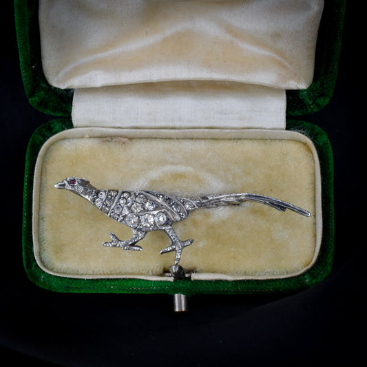 Boxed Antique Pheasant Bird Paste Sterling Silver Brooch Pin | Victorian